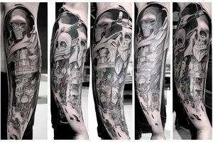 plague doctor and people around praying on him, whole arm tattoo tattoo idea