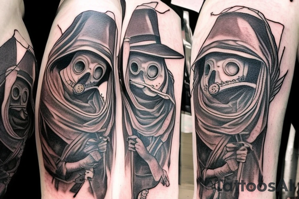 plague doctor and people around praying on him, whole arm tattoo tattoo idea