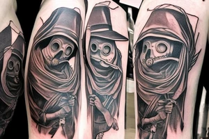 plague doctor and people around praying on him, whole arm tattoo tattoo idea