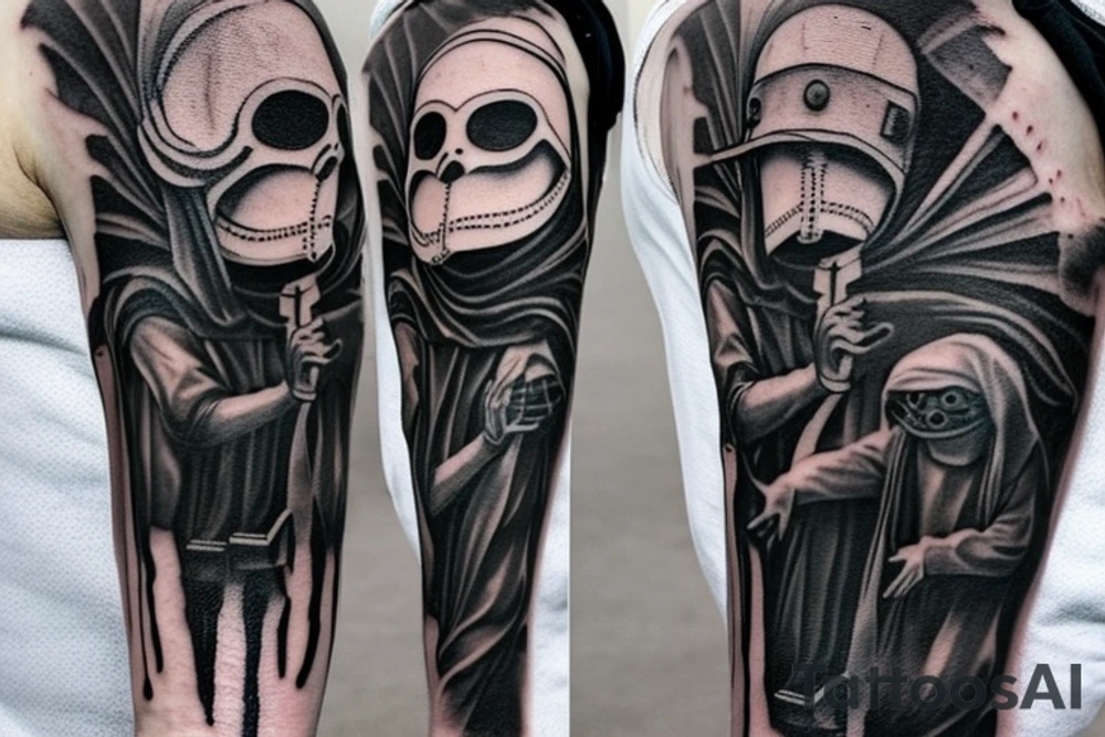 plague doctor and people around praying on him, whole arm tattoo tattoo idea