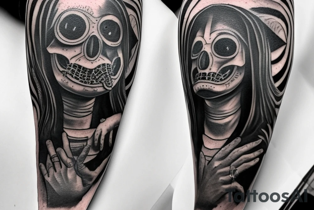 plague doctor and people around praying on him, whole arm tattoo tattoo idea