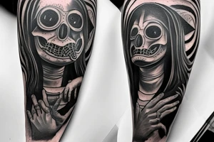 plague doctor and people around praying on him, whole arm tattoo tattoo idea
