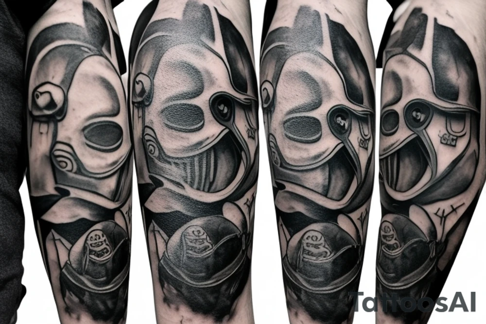 plague doctor and people around praying on him, whole arm tattoo tattoo idea