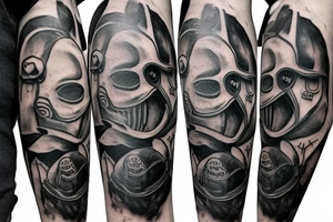 plague doctor and people around praying on him, whole arm tattoo tattoo idea