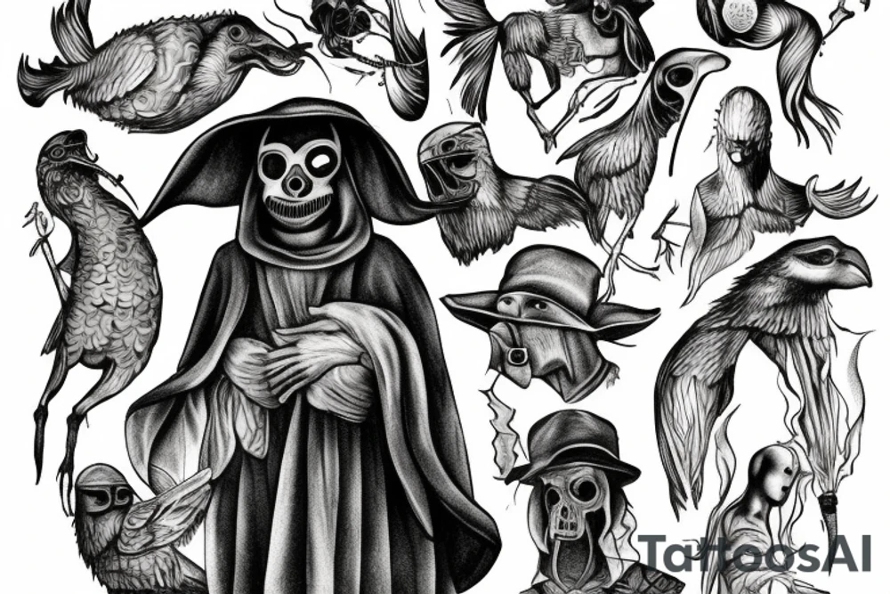 plague doctor and people around praying on him, whole arm tattoo tattoo idea