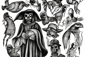plague doctor and people around praying on him, whole arm tattoo tattoo idea