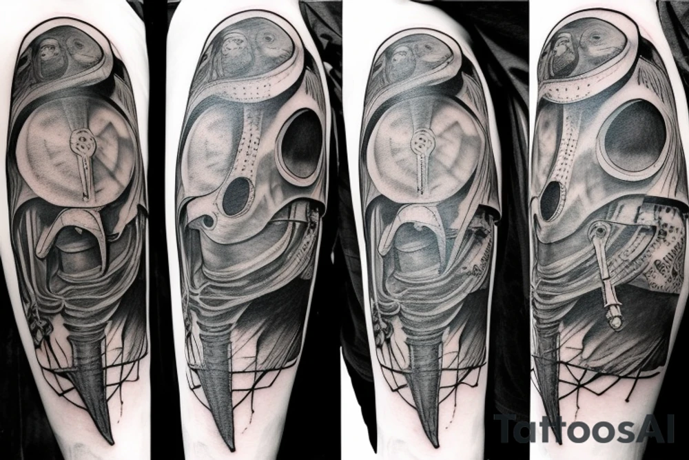 plague doctor and people around praying on him, whole arm tattoo tattoo idea