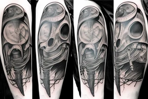 plague doctor and people around praying on him, whole arm tattoo tattoo idea
