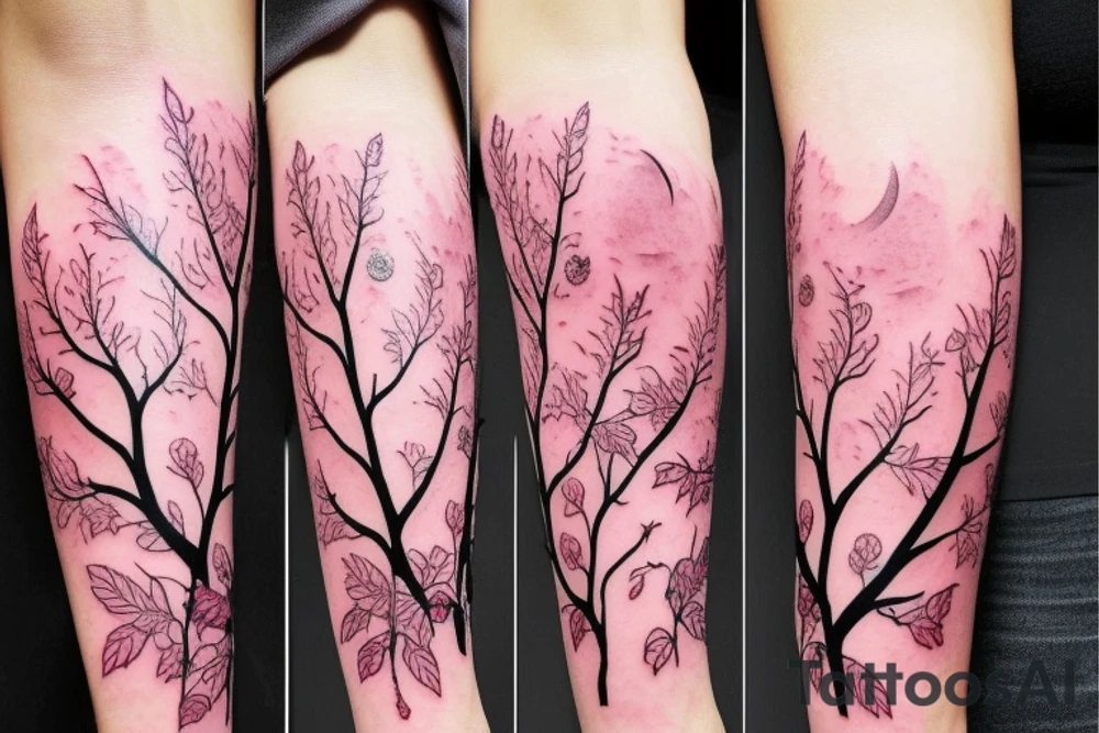 aesthetic Japanese moon and pink leaves on trees forearm tattoo tattoo idea