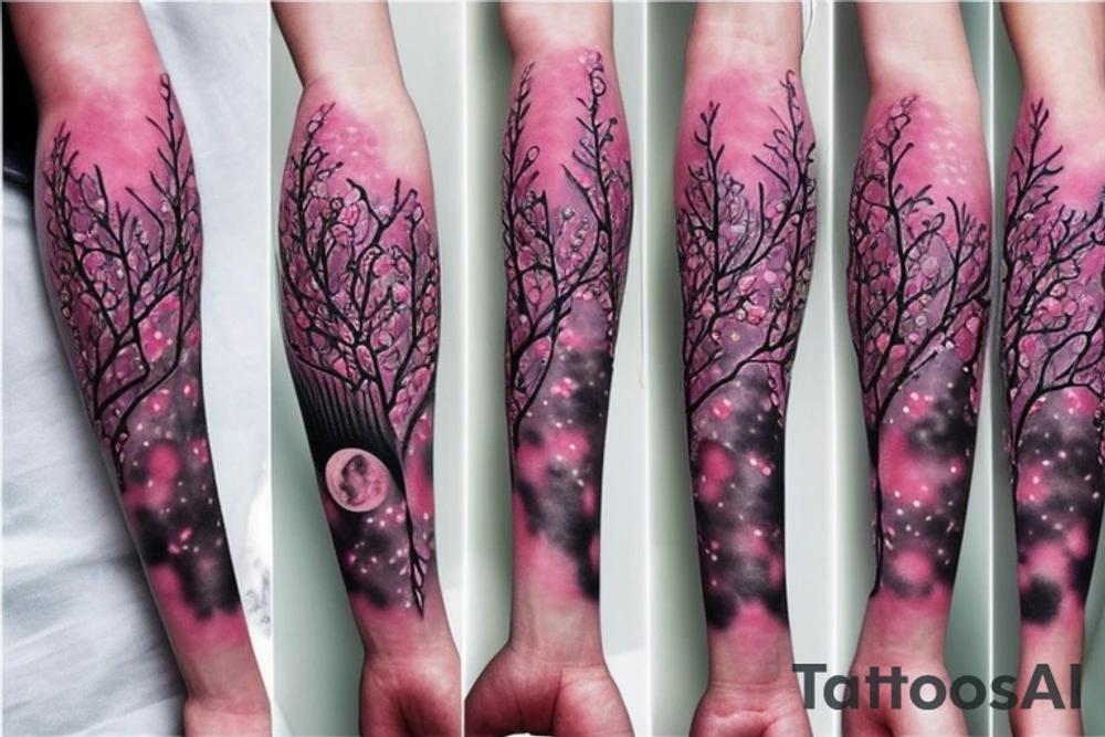 aesthetic Japanese moon and pink leaves on trees forearm tattoo tattoo idea