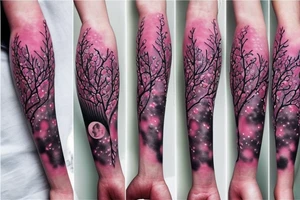 aesthetic Japanese moon and pink leaves on trees forearm tattoo tattoo idea