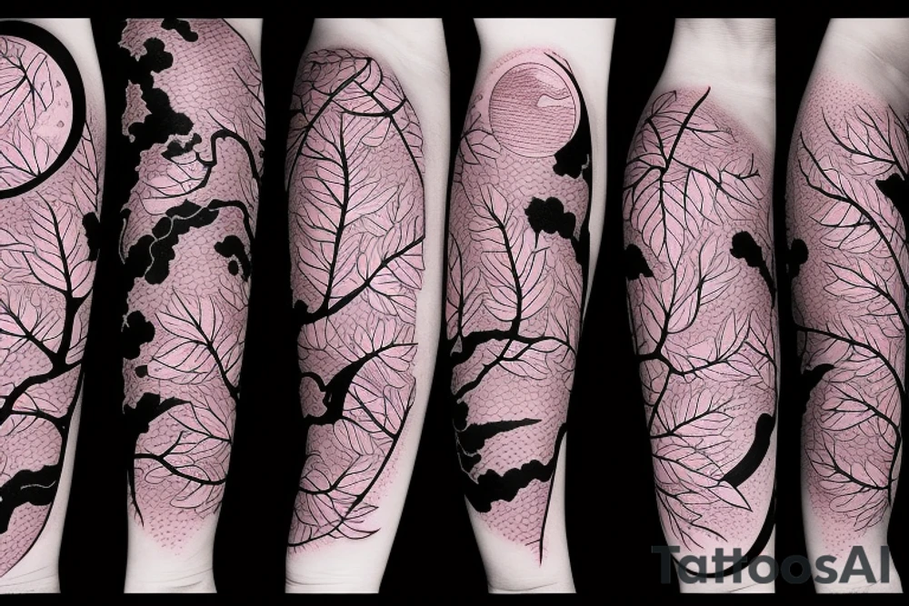 aesthetic, Japanese, moon, pink leaves on trees, forearm tattoo, dragon tattoo idea