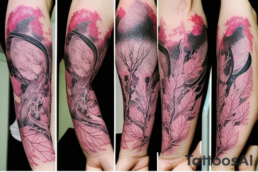 aesthetic, Japanese, moon, pink leaves on trees, forearm tattoo, dragon tattoo idea