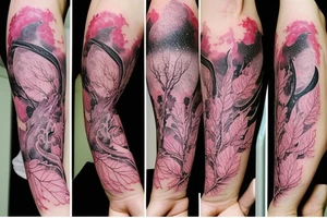 aesthetic, Japanese, moon, pink leaves on trees, forearm tattoo, dragon tattoo idea