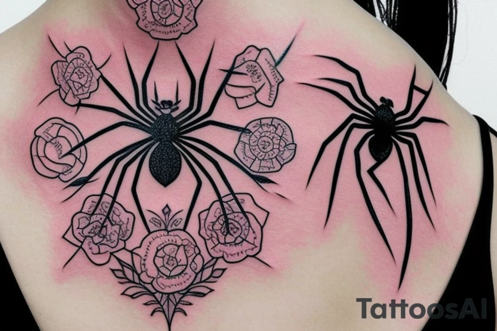 pink flower, spider, spider webs, neck tattoo tattoo idea