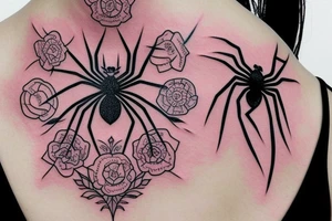 pink flower, spider, spider webs, neck tattoo tattoo idea
