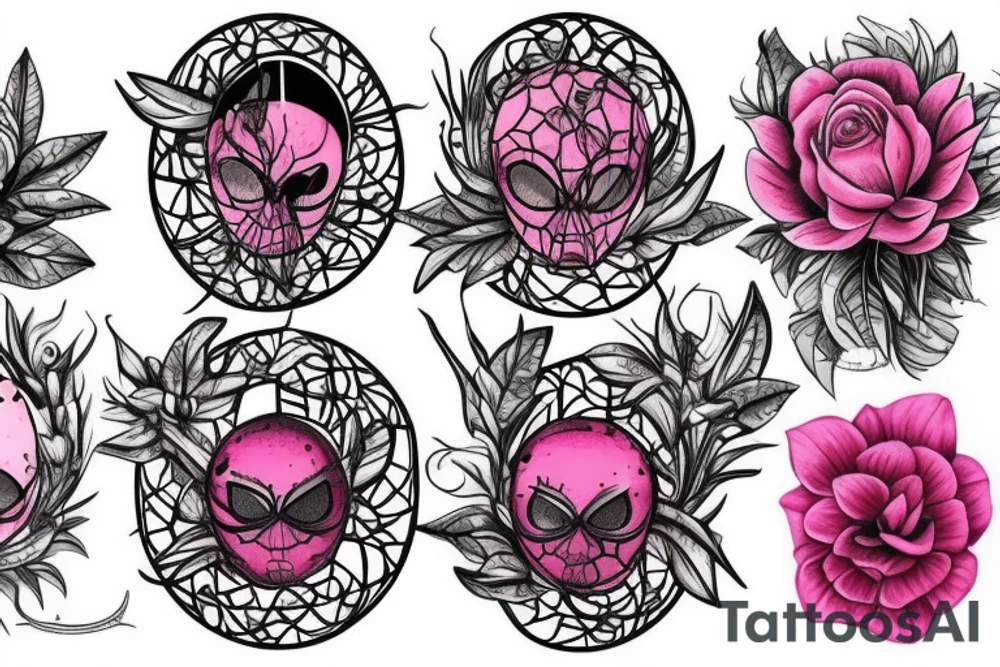 pink flower, spider, spider webs, neck tattoo tattoo idea
