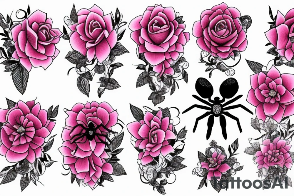 pink flower, spider, spider webs, neck tattoo tattoo idea