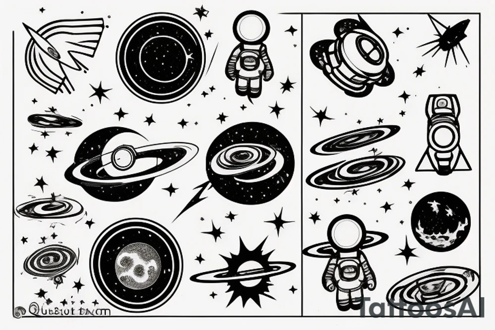a quasar that retracts everything, the foreground is a tiny astronaut tattoo idea