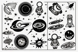 a quasar that retracts everything, the foreground is a tiny astronaut tattoo idea