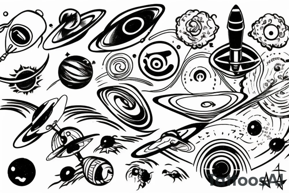 a quasar that retracts everything, the foreground is a tiny astronaut tattoo idea
