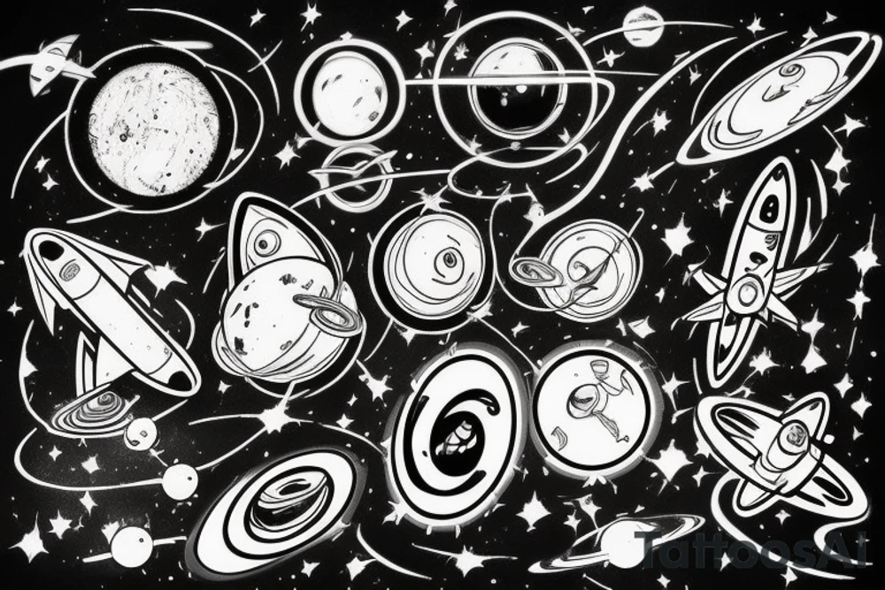 a quasar that retracts everything, the foreground is a tiny astronaut tattoo idea a quasar that retracts everything, the foreground is a tiny astronaut tattoo idea