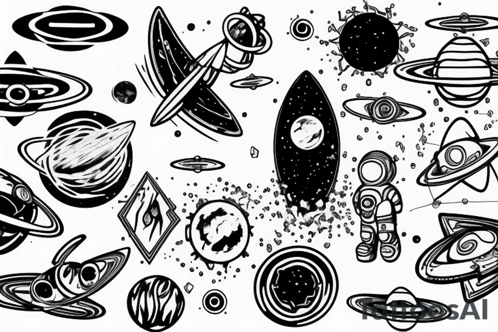 a quasar that retracts everything, the foreground is a tiny astronaut tattoo idea a quasar that retracts everything, the foreground is a tiny astronaut tattoo idea