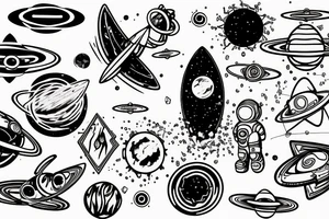 a quasar that retracts everything, the foreground is a tiny astronaut tattoo idea