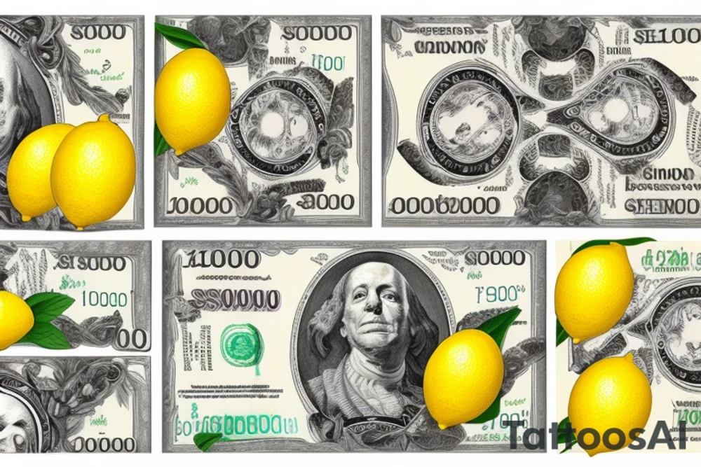 lemon with sheets of hundred dollar bills tattoo idea
