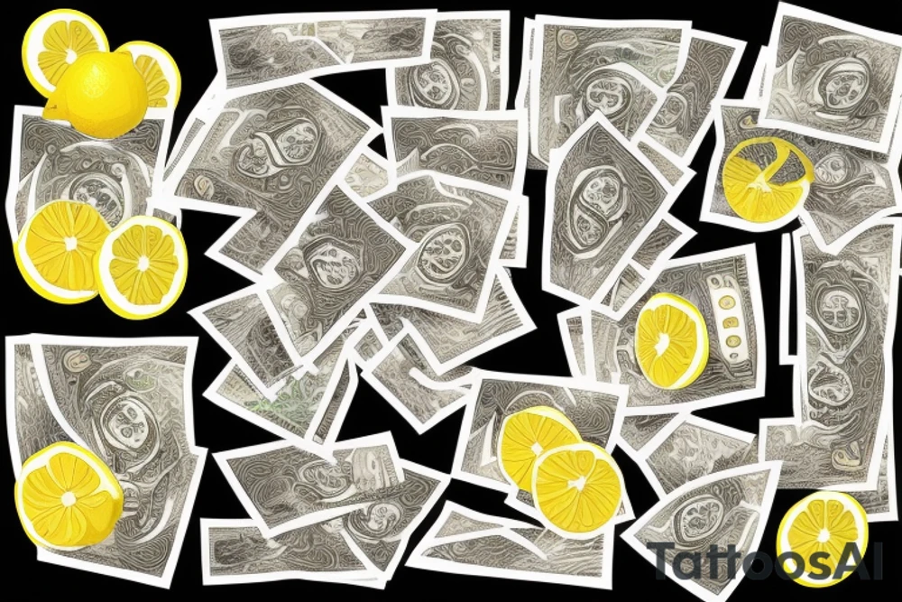 lemon with sheets of hundred dollar bills tattoo idea