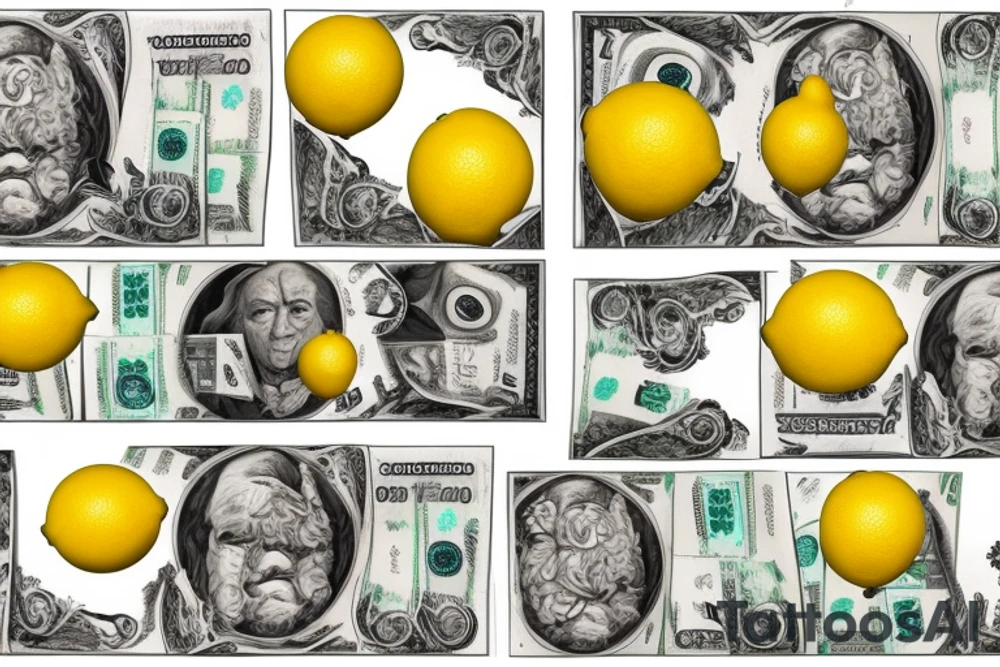 lemon with sheets of hundred dollar bills tattoo idea