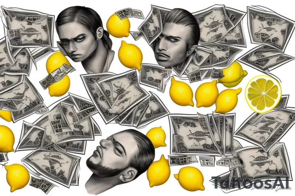 lemon with sheets of hundred dollar bills tattoo idea