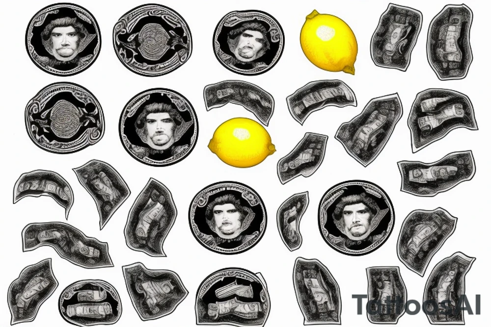 lemon with sheets of hundred dollar bills tattoo idea