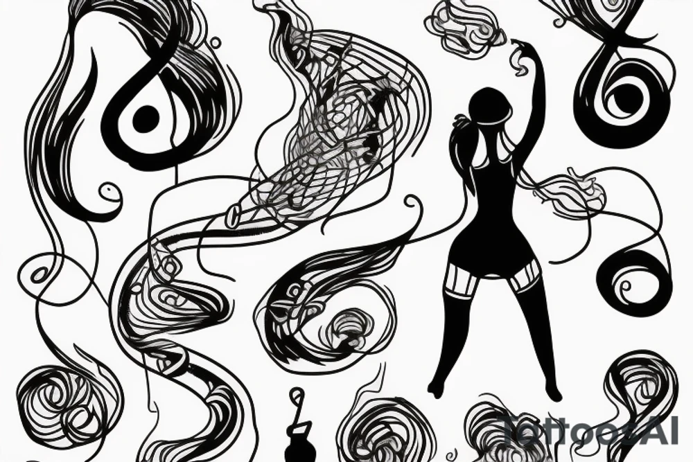 String woman with fire and flying music notes tattoo idea