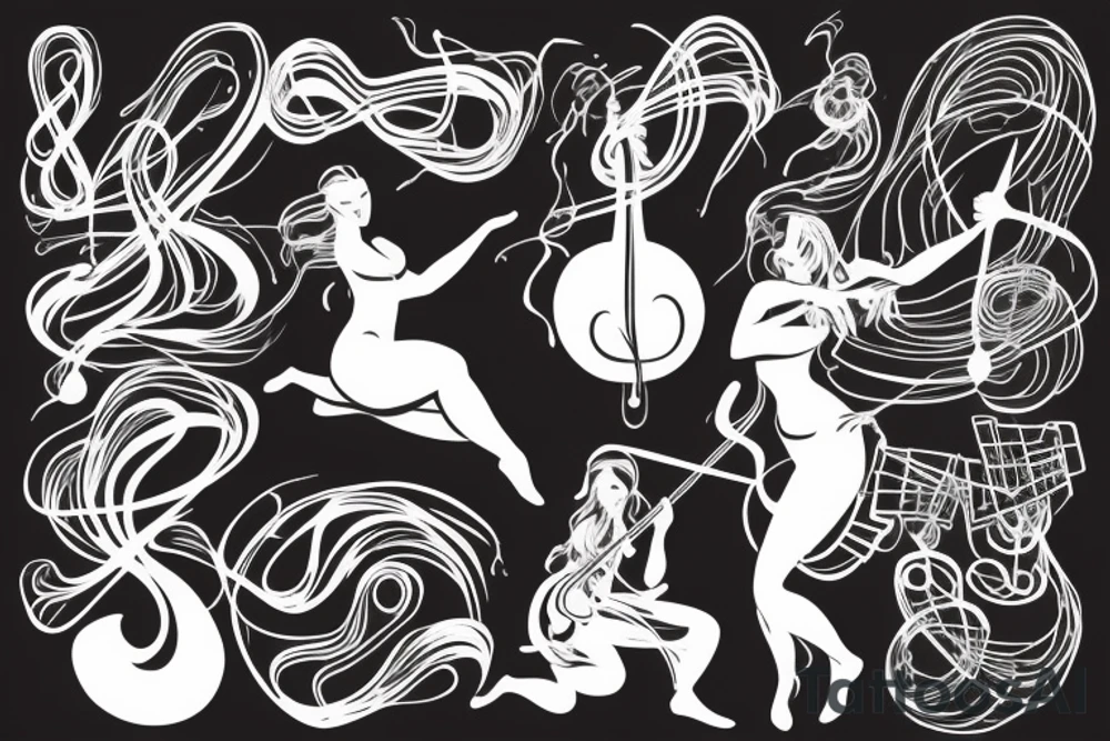 String woman with fire and flying music notes tattoo idea