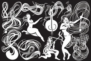 String woman with fire and flying music notes tattoo idea