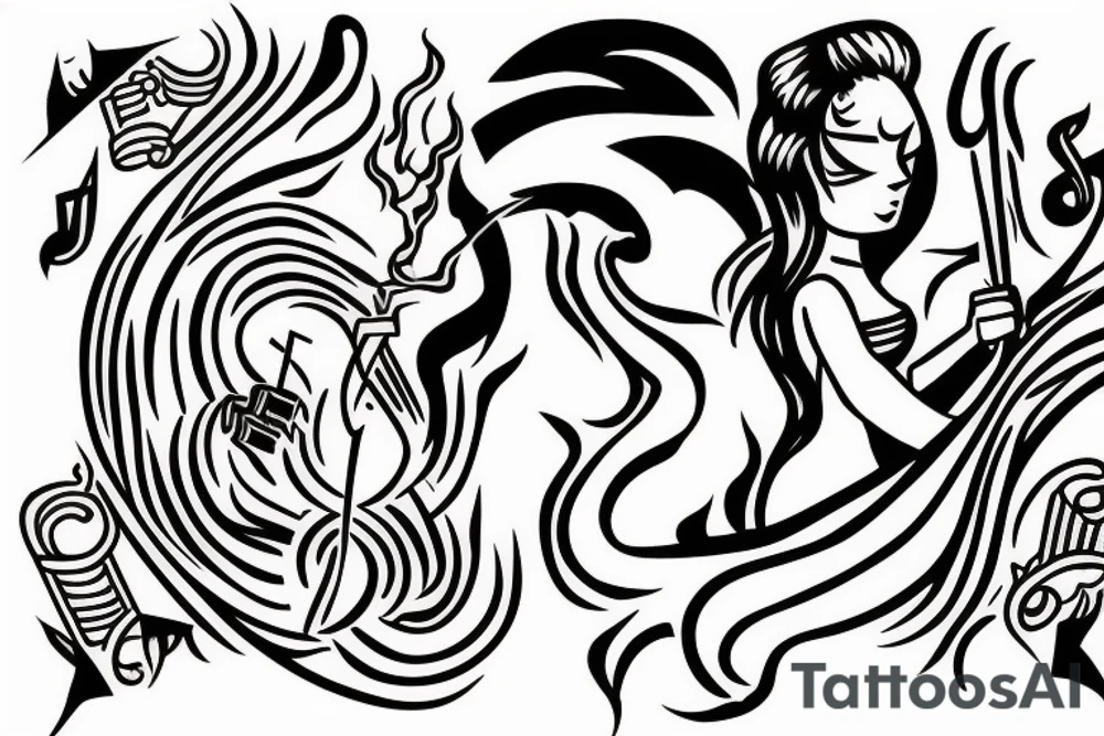 Strong woman with fire and flying music notes tattoo idea