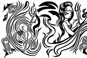 Strong woman with fire and flying music notes tattoo idea
