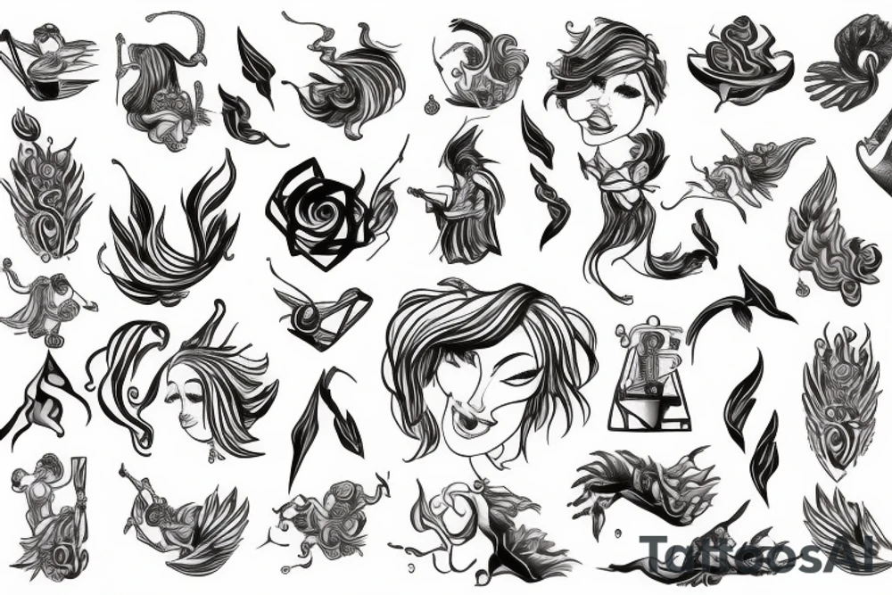 Strong woman with fire and flying music notes tattoo idea