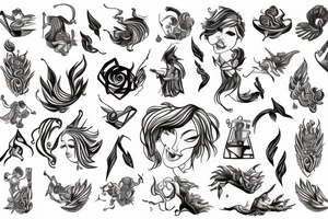Strong woman with fire and flying music notes tattoo idea