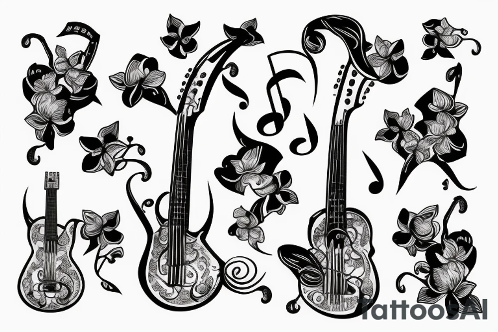 Music notes with orchid and birds tattoo idea