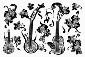 Music notes with orchid and birds tattoo idea