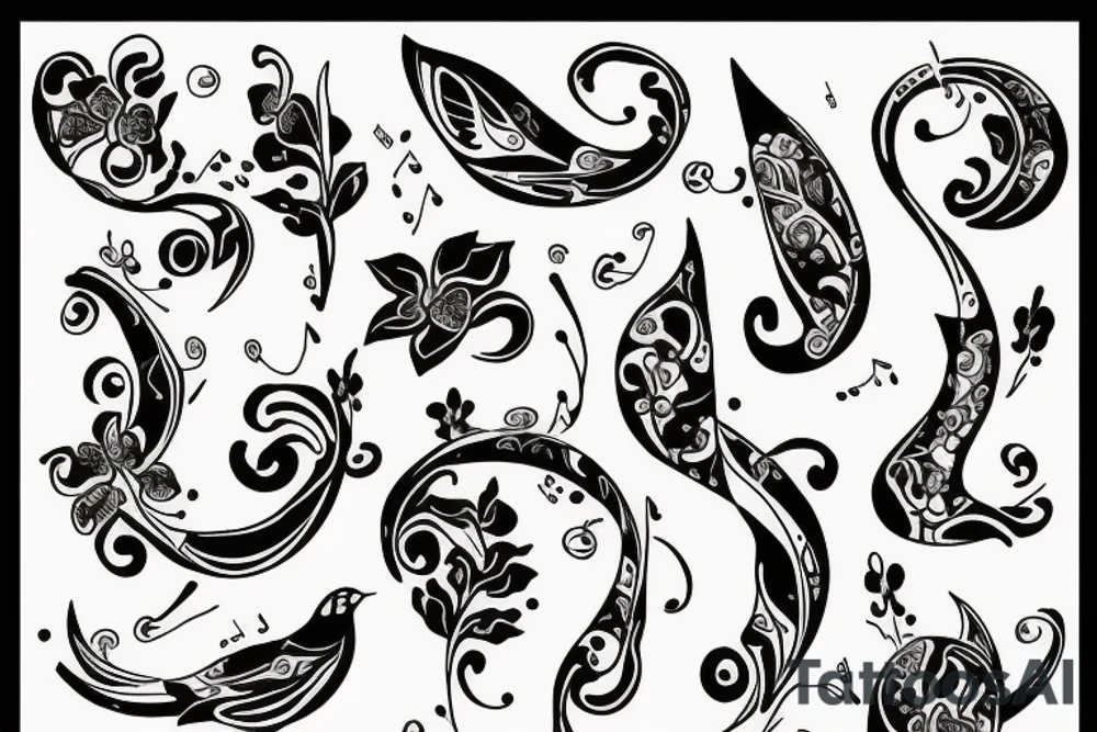 Music notes with orchid and birds tattoo idea