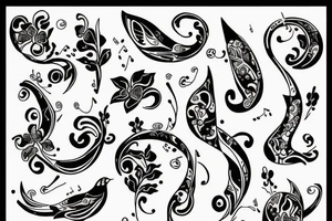 Music notes with orchid and birds tattoo idea