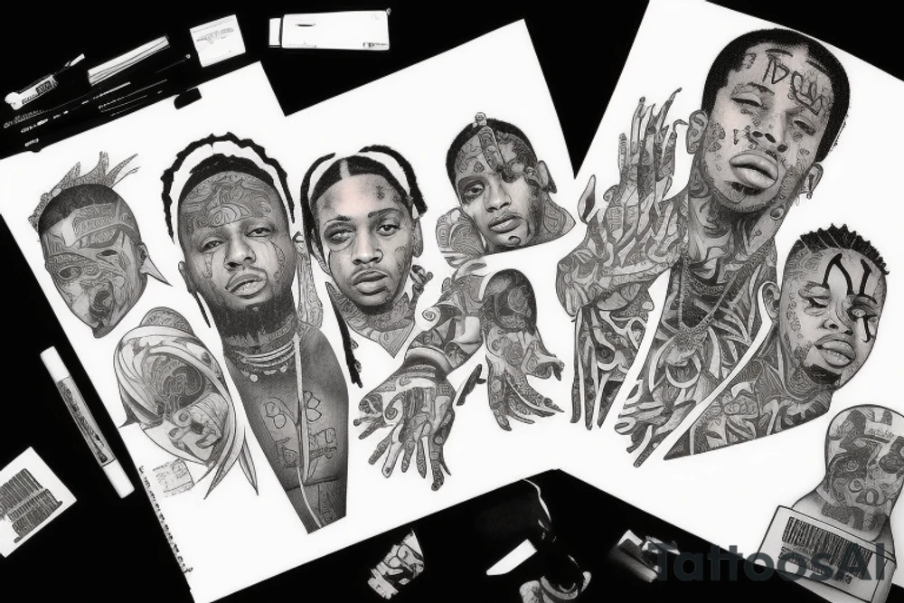 Tattoo inspired by trap artist rappers tattoos, such as lil durk, future, youngboy neverbrokeagain. including numbers. Not too detailed tattoo idea
