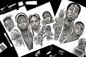 Tattoo inspired by trap artist rappers tattoos, such as lil durk, future, youngboy neverbrokeagain. including numbers. Not too detailed tattoo idea
