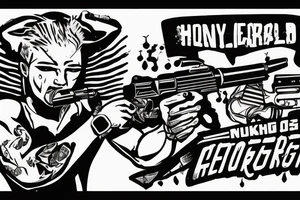 Honeybadger with hands up, he is holding 2 guns in them, he has his own tattoos "Lexus", "No regrets". He is smoking a cigarette. tattoo idea