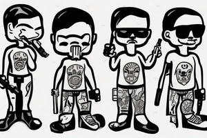Honeybadger holding his hands up, he is holding 2 guns in his hands. He is smoking a cigarette. tattoo idea