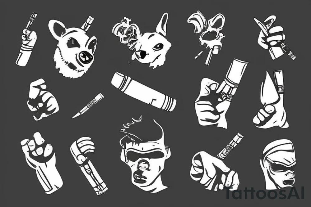 honey badger holding his hands above his head, smoking a cigarette and holding guns in his hands. tattoo idea