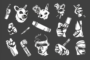 honey badger holding his hands above his head, smoking a cigarette and holding guns in his hands. tattoo idea